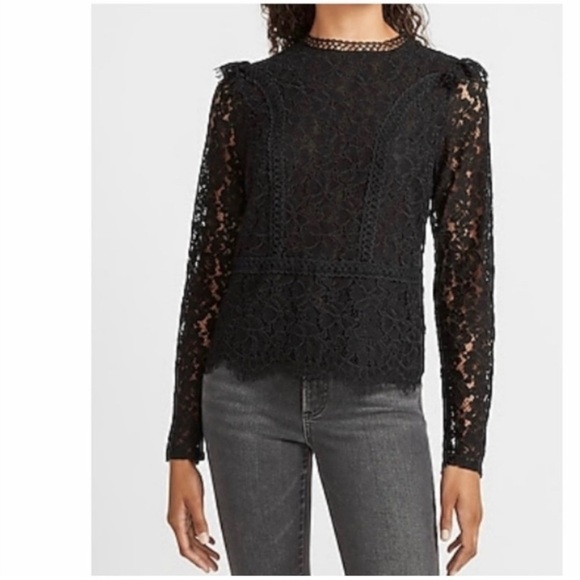Express Tops - Express Black Scalloped Lace Hem Long Sleeve Blouse Size XS